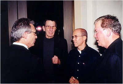 L to R: Eric Doctorow (president, Paramount Home Entertainment Worldwide), Leonard Nimoy, Jeffrey Katzenberg (studio executive) and William Shatner